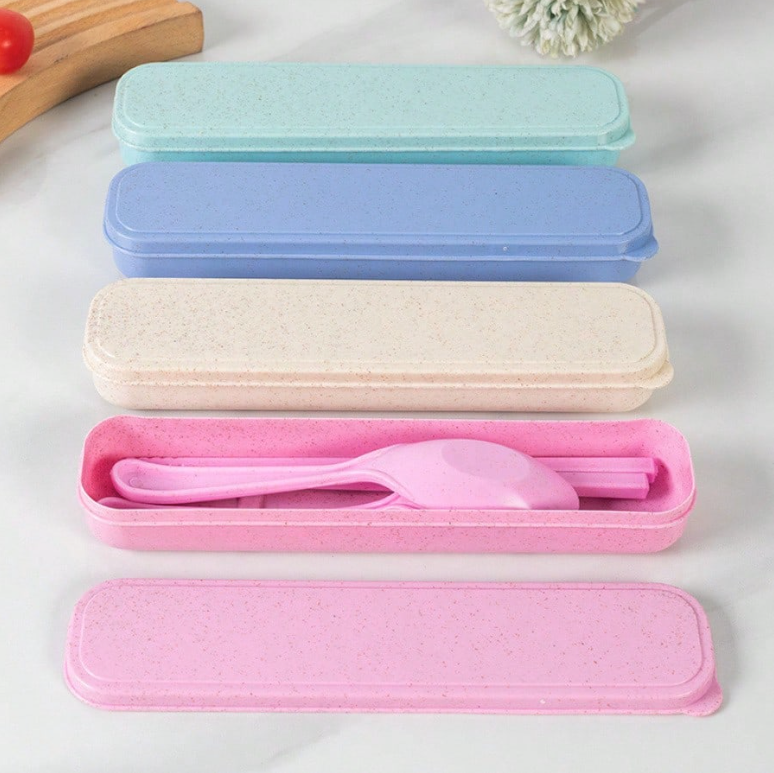 Eco-Friendly Wheat Straw Portable Utensil Set – Travel Chopsticks, Spoon & Fork in Compact Case