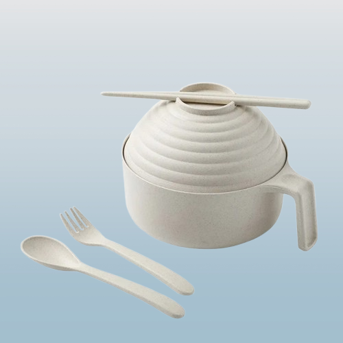 Wheat Straw Instant Noodle Bowl with Lid, Fork & Spoon, Handle & Chopsticks