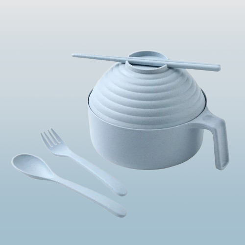 Wheat Straw Instant Noodle Bowl with Lid, Fork & Spoon, Handle & Chopsticks