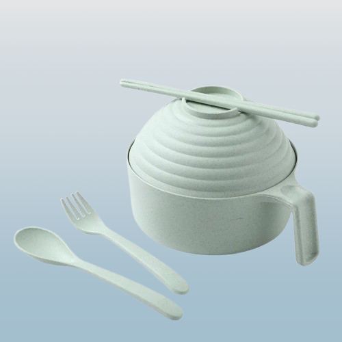 Wheat Straw Instant Noodle Bowl with Lid, Fork & Spoon, Handle & Chopsticks