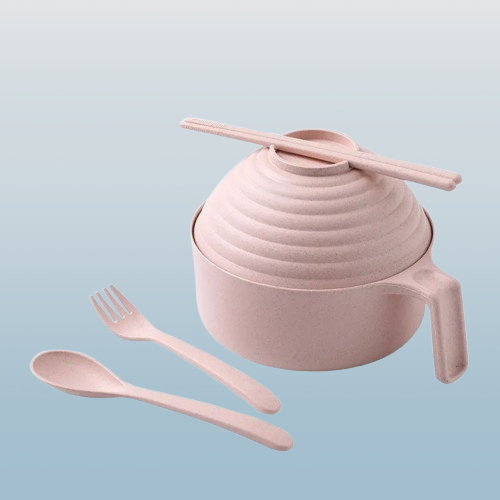 Wheat Straw Instant Noodle Bowl with Lid, Fork & Spoon, Handle & Chopsticks