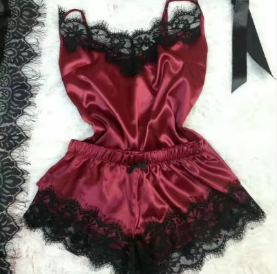 Women's 2PC Silk Lace Casual Women Pajama Set
