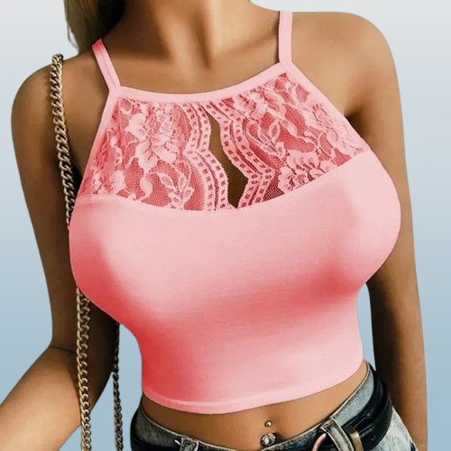 Women’s Lace Patchwork Sleeveless Camisole – Sexy Fitted Halter Crop Top