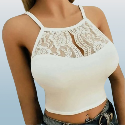 Women’s Lace Patchwork Sleeveless Camisole – Sexy Fitted Halter Crop Top