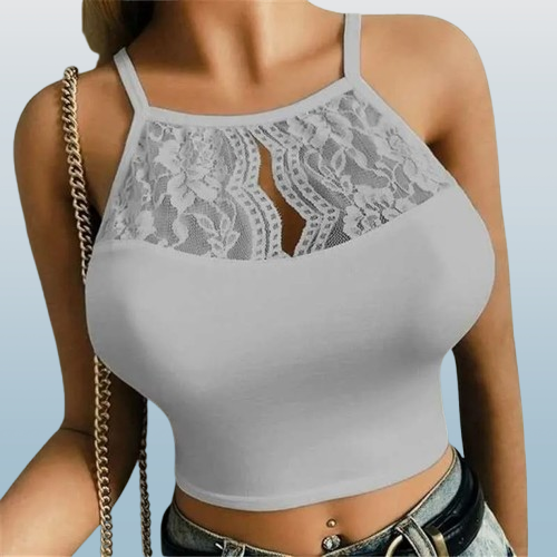 Women’s Lace Patchwork Sleeveless Camisole – Sexy Fitted Halter Crop Top