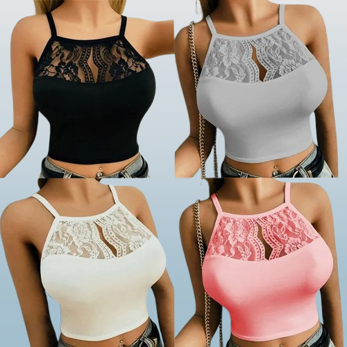 Women’s Lace Patchwork Sleeveless Camisole – Sexy Fitted Halter Crop Top