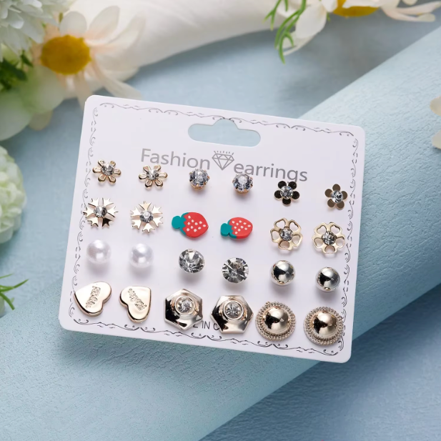 12-Pair Stud Earring Set – Mixed Shapes & Classic Designs