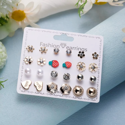 12-Pair Stud Earring Set – Mixed Shapes & Classic Designs