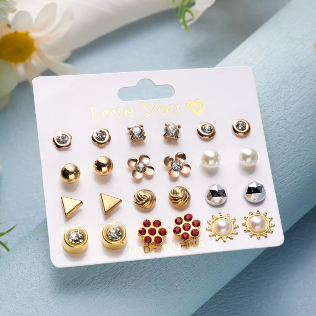 12-Pair Stud Earring Set – Mixed Shapes & Classic Designs
