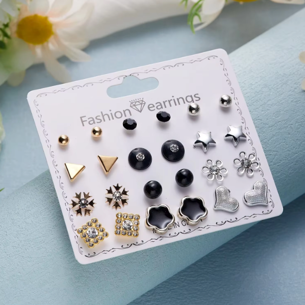 12-Pair Stud Earring Set – Mixed Shapes & Classic Designs