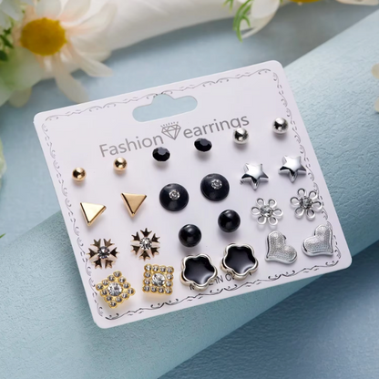 12-Pair Stud Earring Set – Mixed Shapes & Classic Designs