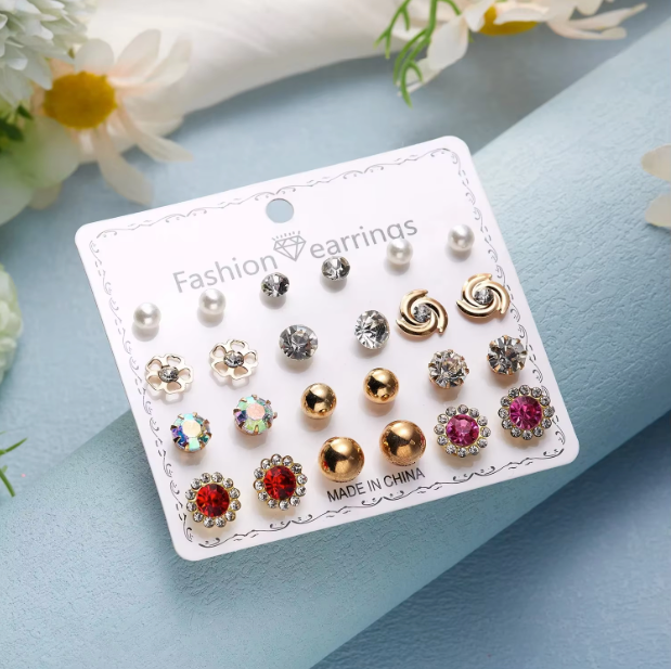 12-Pair Stud Earring Set – Mixed Shapes & Classic Designs