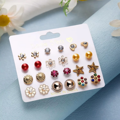12-Pair Stud Earring Set – Mixed Shapes & Classic Designs