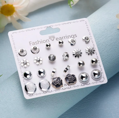 12-Pair Stud Earring Set – Mixed Shapes & Classic Designs