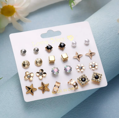 12-Pair Stud Earring Set – Mixed Shapes & Classic Designs