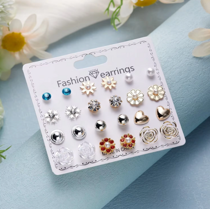12-Pair Stud Earring Set – Mixed Shapes & Classic Designs