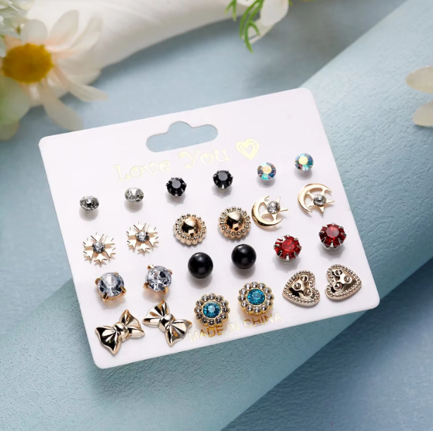 12-Pair Stud Earring Set – Mixed Shapes & Classic Designs