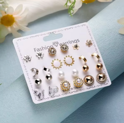 12-Pair Stud Earring Set – Mixed Shapes & Classic Designs