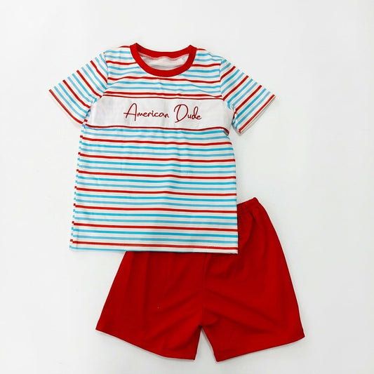 Boys American Dude Striped T-Shirt & Shorts Set – 2T to 8 Years