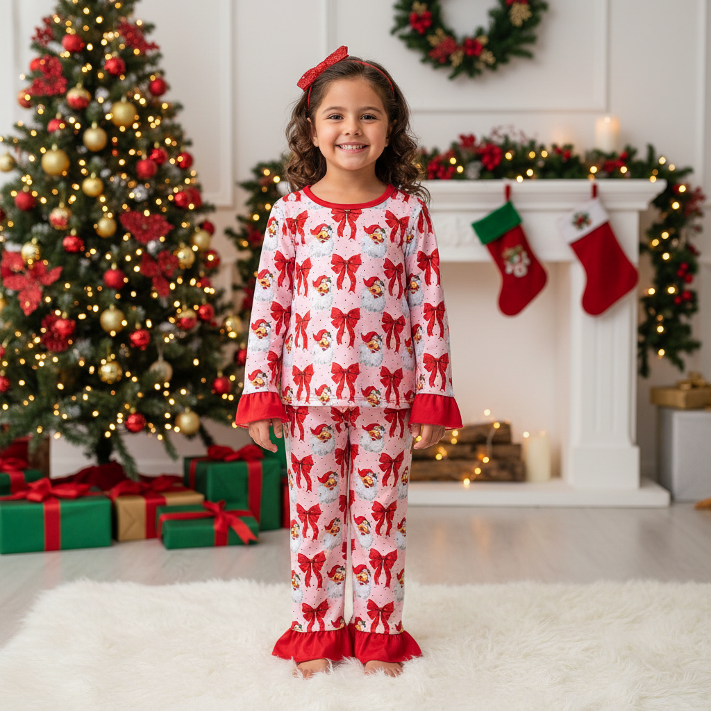 Girls Red Santa & Bows Christmas Pajama Set – 3 Months to 8 Years