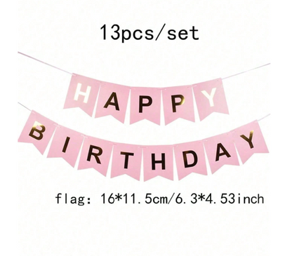 Pink Happy Birthday Paper Pennant Banner – 13-Piece Hanging Party Decoration Set