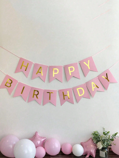 Pink Happy Birthday Paper Pennant Banner – 13-Piece Hanging Party Decoration Set