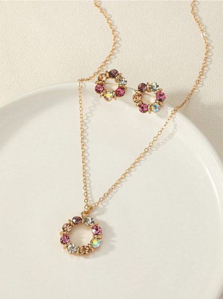 Women's Rhinestone Flower Circle Jewelry Set - Necklace & Earrings