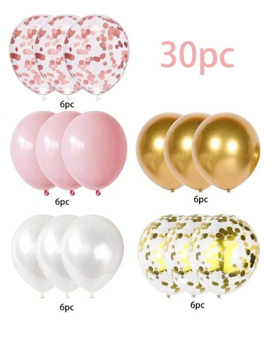 Pink, White & Gold Metallic Party Balloons Set – 30-Piece Assorted Latex Balloon Pack (12 Inch)