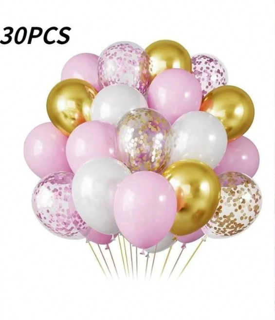 Pink, White & Gold Metallic Party Balloons Set – 30-Piece Assorted Latex Balloon Pack (12 Inch)