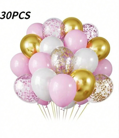 Pink, White & Gold Metallic Party Balloons Set – 30-Piece Assorted Latex Balloon Pack (12 Inch)