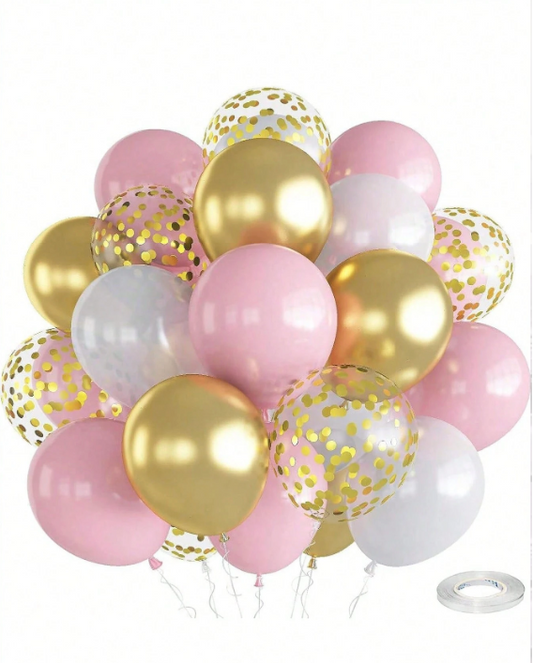 Pink, White & Gold Metallic Party Balloons Set – 30-Piece Assorted Latex Balloon Pack (12 Inch)