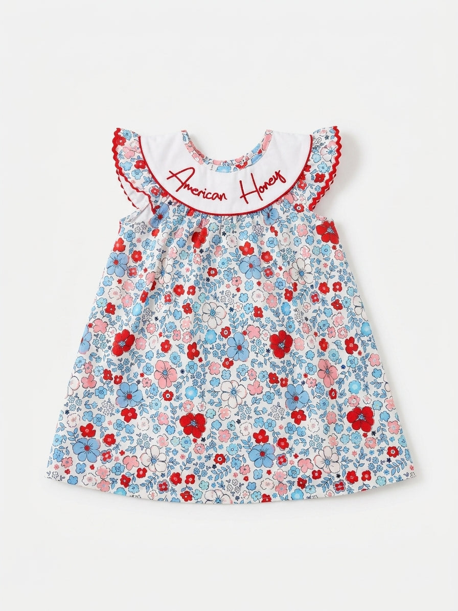 Girls American Honey Embroidered Patriotic Floral Dress – 2T to 8 Years