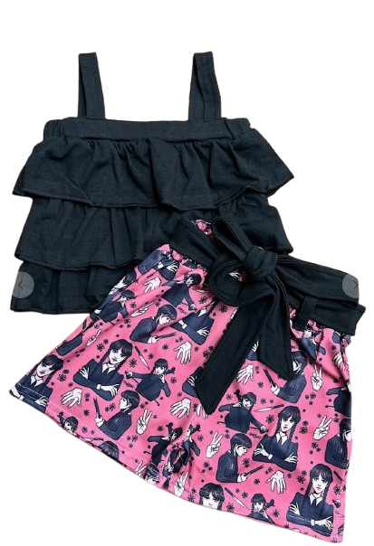 Girls 3-Layer Ruffle Tank Top & Character Print Shorts Set