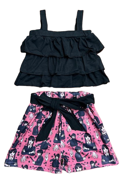 Girls 3-Layer Ruffle Tank Top & Character Print Shorts Set