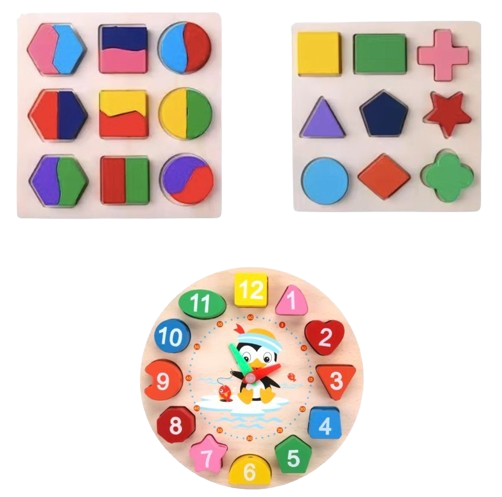 3-Pack Educational Wooden Puzzle Set – Shapes, Colors & Clock Learning