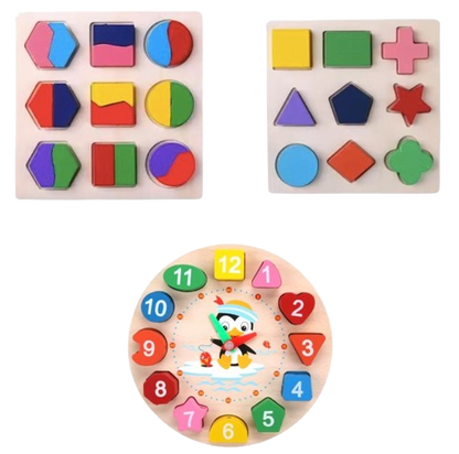 3-Pack Educational Wooden Puzzle Set – Shapes, Colors & Clock Learning