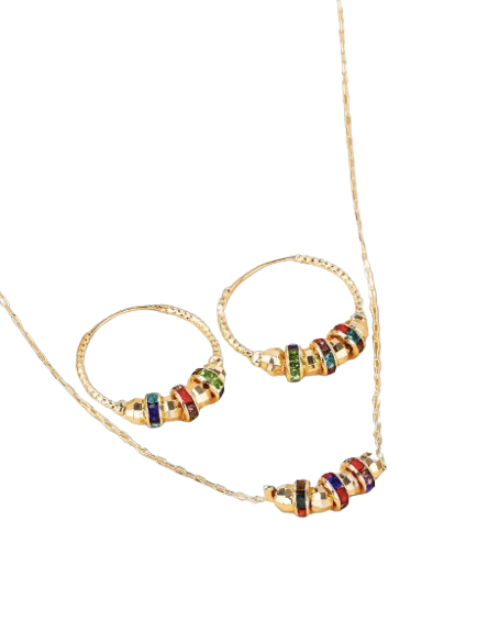 3-Piece Rhinestone & Bead Decor Gold Jewelry Set – Necklace & Hoop Earrings