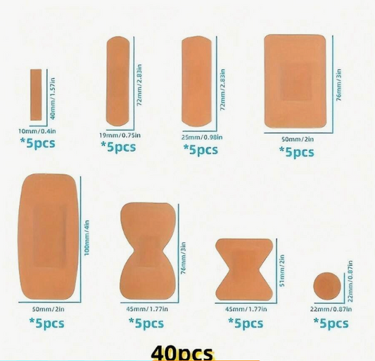 40 Pcs Waterproof Adhesive Bandages – Assorted Shapes & Sizes with Cushioning Pads, Flexible PE Material, Individually Packaged