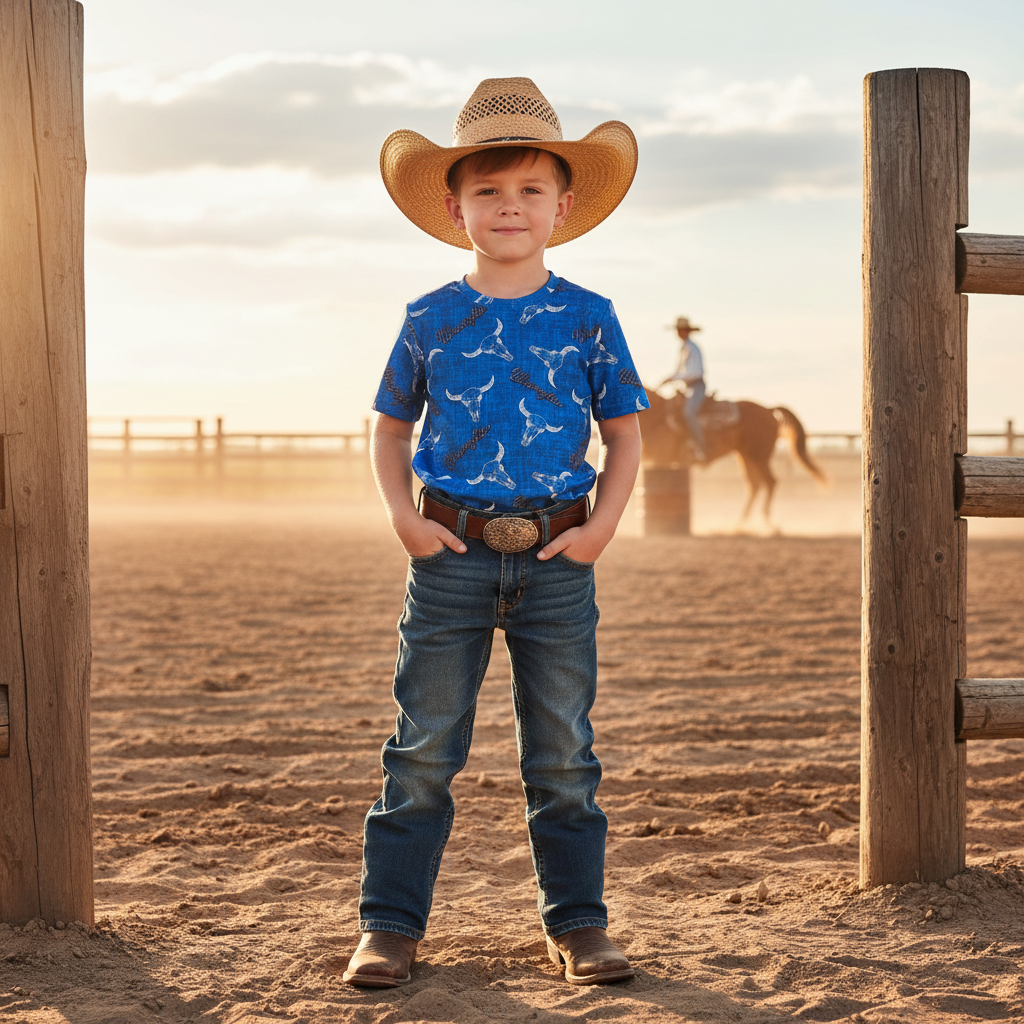 Baby & Kids Blue Western Longhorn Short Sleeve T-Shirt – 3 Months to 7 Years