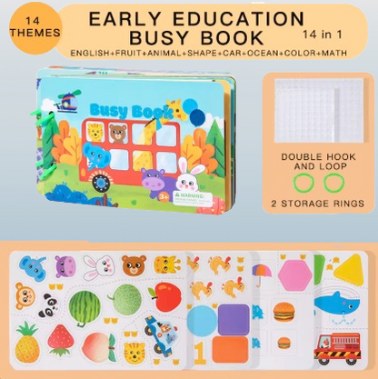 Busy Book for Toddlers – 14-in-1 Early Learning Educational Activity Book with Reusable Stickers