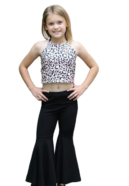 Girls Cheetah Print Halter Top & Black Bell Bottom Pants Set