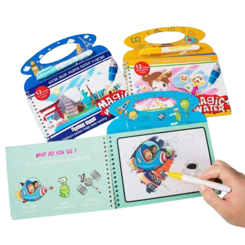 Safe Haven & CO Magic Water Drawing Book Set with Refillable Pen – Reusable Coloring Activity for Kids