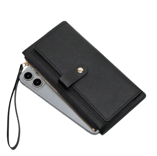 Women’s Casual Portable Wallet with Zipper & Phone Holder – Black