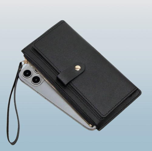 Women's Casual Portable Wallet with Zipper & Phone Holder - Black
