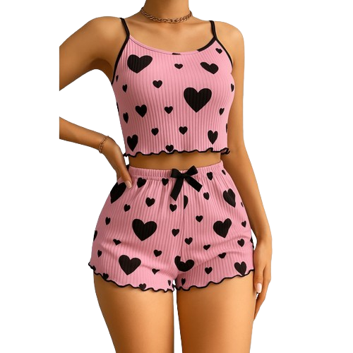 Sweetheart Knit Lounge Set – 2-Piece Cami & Shorts Pajamas
