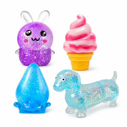 4-Piece Cute Glitter Squeeze Toy Set – Soft Squishy Sensory Fidget Toys