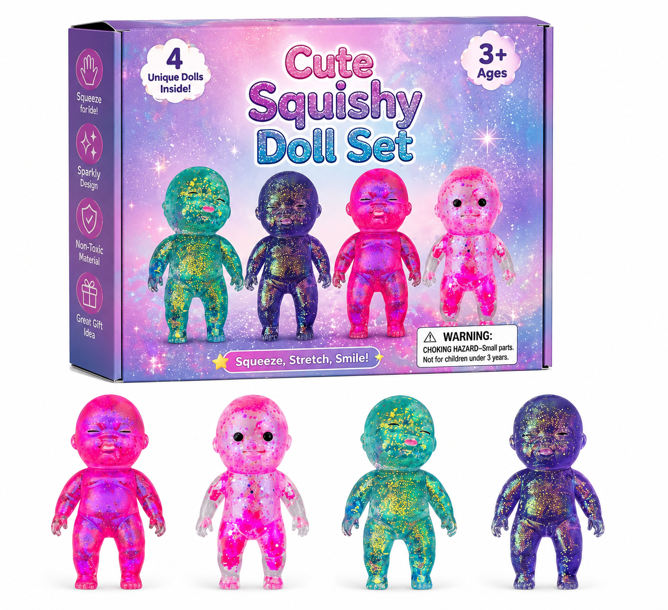 4-Piece Glitter Squishy Doll Set – Stretchy Sensory Squeeze Fidget Toys