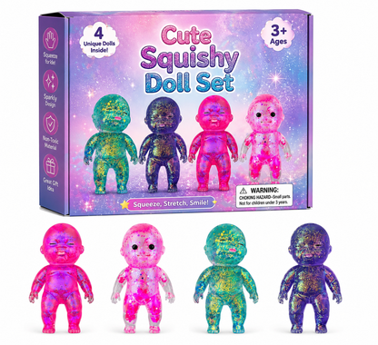 4-Piece Glitter Squishy Doll Set – Stretchy Sensory Squeeze Fidget Toys