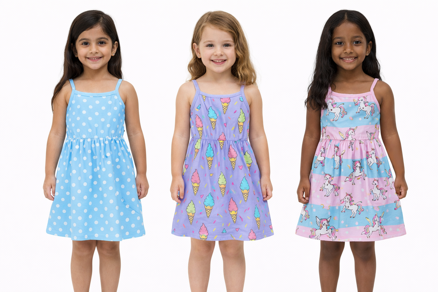 SHEIN Girls' Spaghetti Strap Summer Dress – Ice Cream, Polka Dot, or Unicorn Print, 4Y-7Y