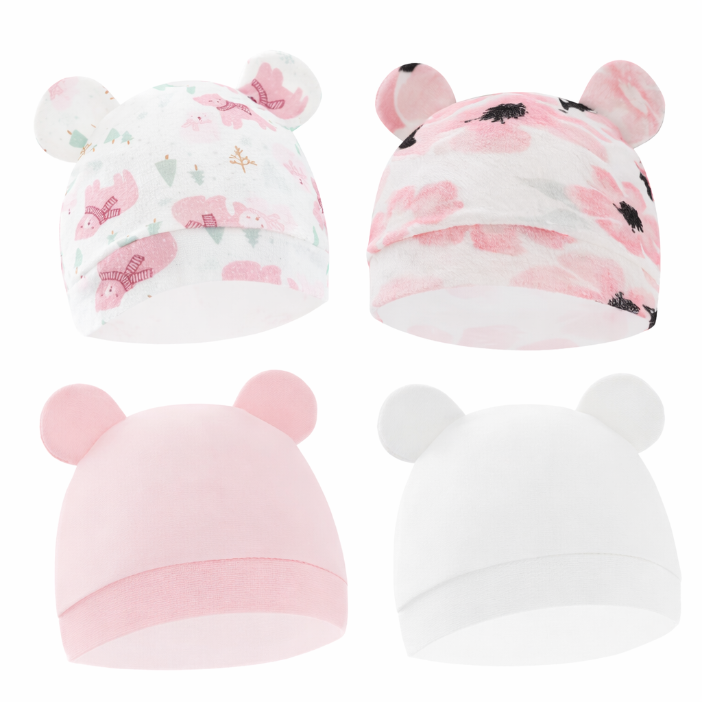 Baby Beanie Hat Set with Bear Ears, 4-Pack Cartoon Print Newborn Caps